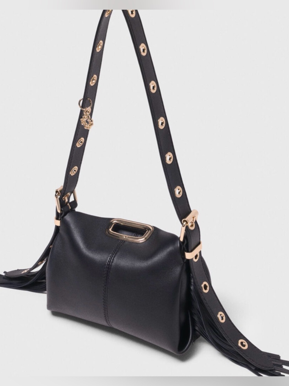 Maje Black Shoulder Bag with Gold Accents and Tassels
